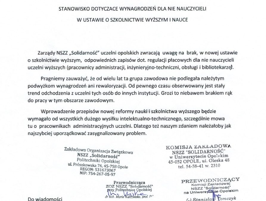 Stanowisko KZ dot. WYNAGRODZEŃ DLA NIE NAUCZYCIELI w ustawie o szkolnictwie wyższym i nauce