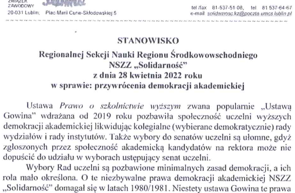 Stanowisko Sekcji Nauki w sprawie przywrócenia demokracji akademickiej